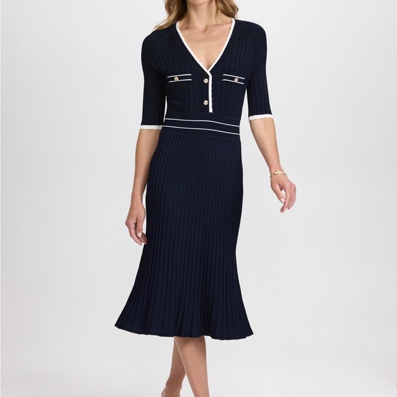 Laura Dresses & Skirts - Chic Navy Midi Dress with White Trim